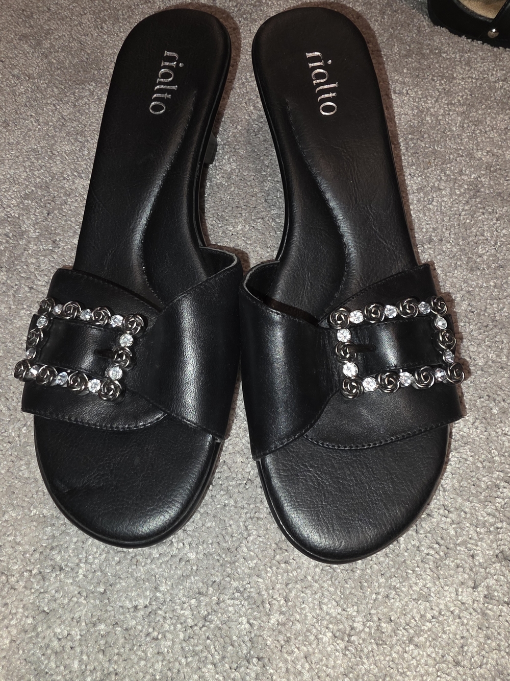 Rialto Black Crystal Buckle Slide Sandals